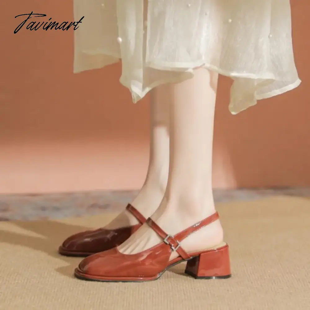 High Heels Mary Jane Sandals Women Summer Lacquer Leather Slingbacks Pumps Vintage Square Toe Thick Heeled Shoes Ladies