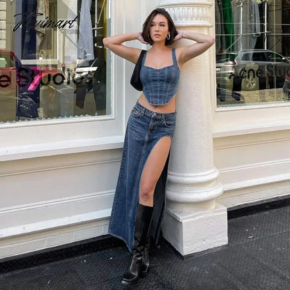 High open women denim skirt Fashion sexy slim patchwork button pocket Women Aline long skirt spring streetwear casualbottoms