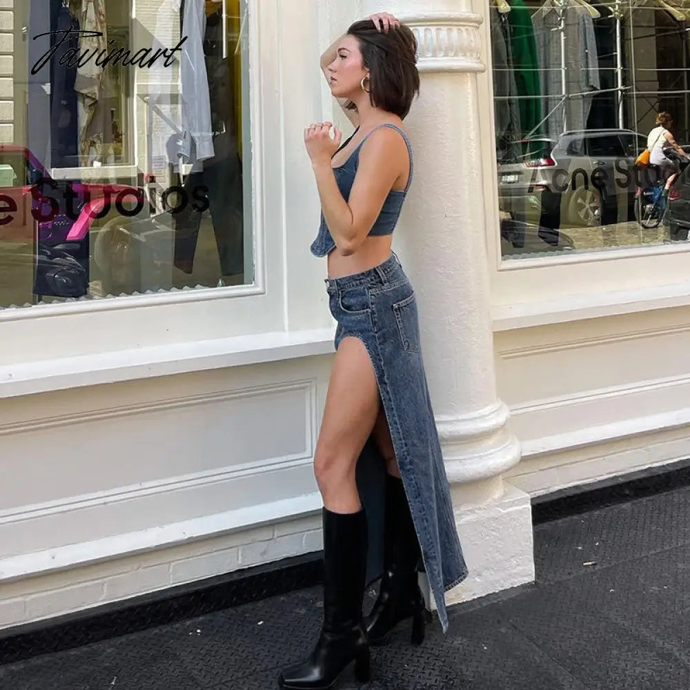 High open women denim skirt Fashion sexy slim patchwork button pocket Women Aline long skirt spring streetwear casualbottoms