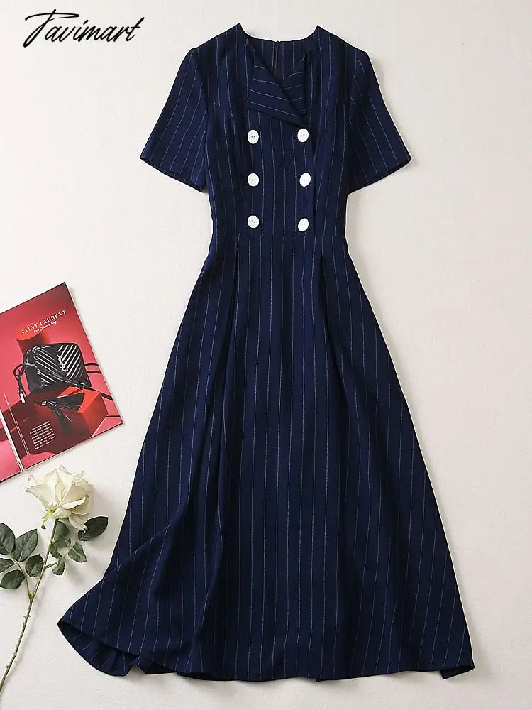 High Quality Fashion Summer New Stripes Celebrity Office Workplace Elegant Chic Casual Designer Navy Blue Button Midi Dress