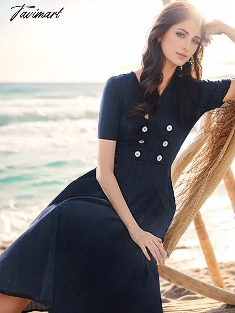 High Quality Fashion Summer New Stripes Celebrity Office Workplace Elegant Chic Casual Designer Navy Blue Button Midi Dress