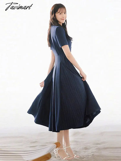 High Quality Fashion Summer New Stripes Celebrity Office Workplace Elegant Chic Casual Designer Navy Blue Button Midi Dress