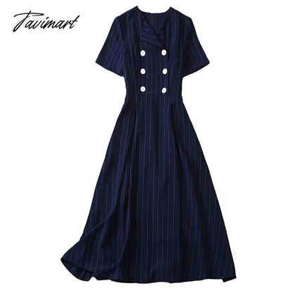 High Quality Fashion Summer New Stripes Celebrity Office Workplace Elegant Chic Casual Designer Navy Blue Button Midi Dress