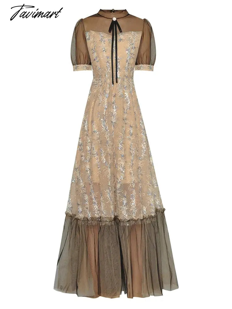 High Quality Fashion Women'S New Summer Runway Round Neck Bow Sexy Mesh Embroidered Sequin Vintage Slim Chic Elegant Long Dress