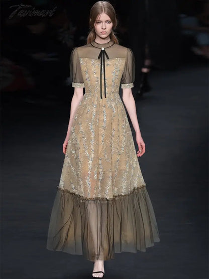 High Quality Fashion Women'S New Summer Runway Round Neck Bow Sexy Mesh Embroidered Sequin Vintage Slim Chic Elegant Long Dress