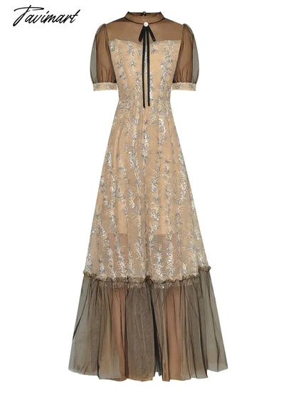 High Quality Fashion Women'S New Summer Runway Round Neck Bow Sexy Mesh Embroidered Sequin Vintage Slim Chic Elegant Long Dress