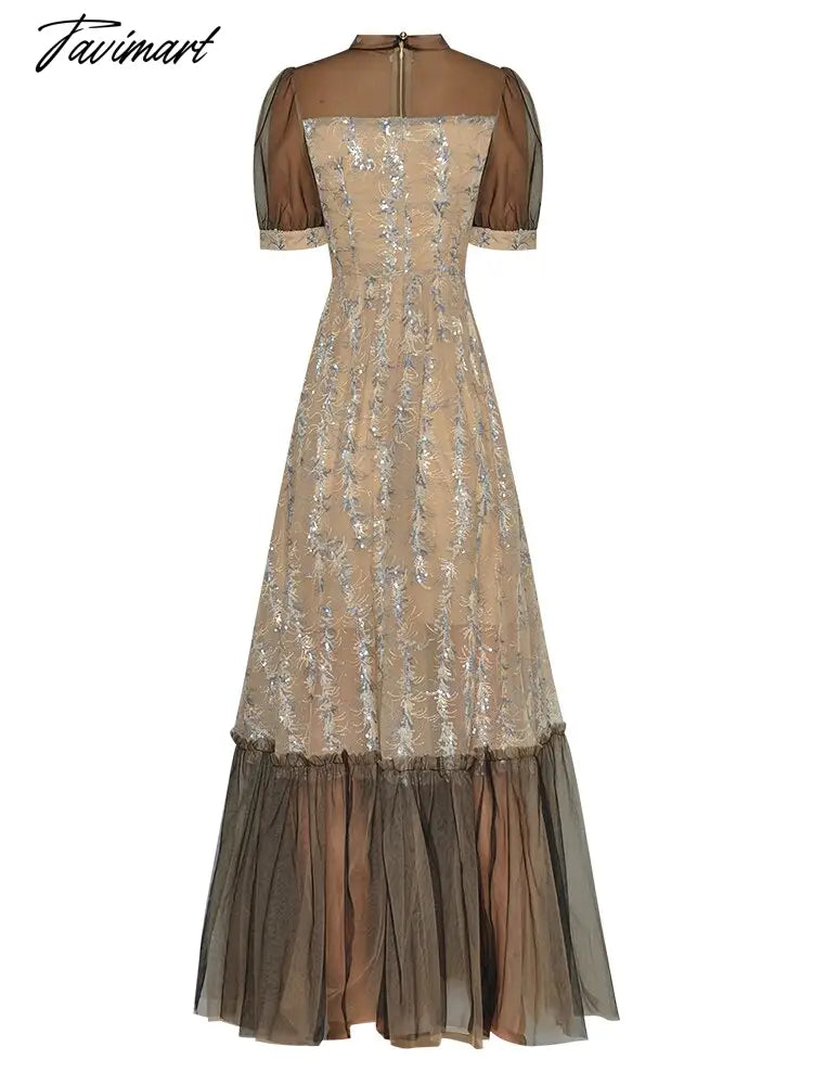 High Quality Fashion Women'S New Summer Runway Round Neck Bow Sexy Mesh Embroidered Sequin Vintage Slim Chic Elegant Long Dress