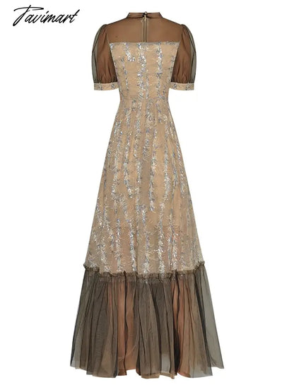 High Quality Fashion Women'S New Summer Runway Round Neck Bow Sexy Mesh Embroidered Sequin Vintage Slim Chic Elegant Long Dress