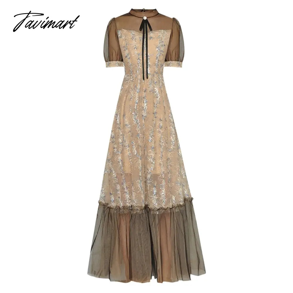 High Quality Fashion Women'S New Summer Runway Round Neck Bow Sexy Mesh Embroidered Sequin Vintage Slim Chic Elegant Long Dress