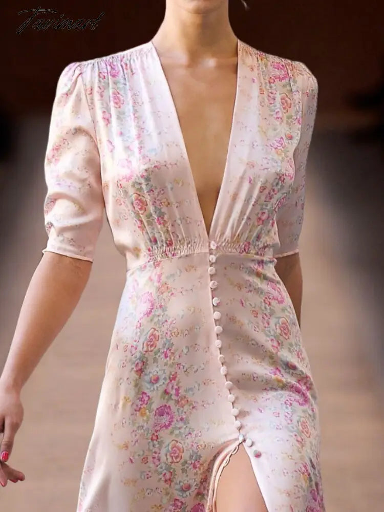 High Quality Runway Designer Dress Women Elegant V-neck Pink Floral Printed Maxi Dress Summer Robe Longue
