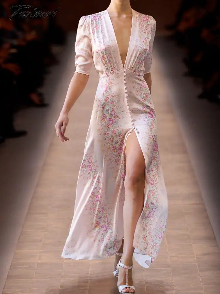 High Quality Runway Designer Dress Women Elegant V-neck Pink Floral Printed Maxi Dress Summer Robe Longue