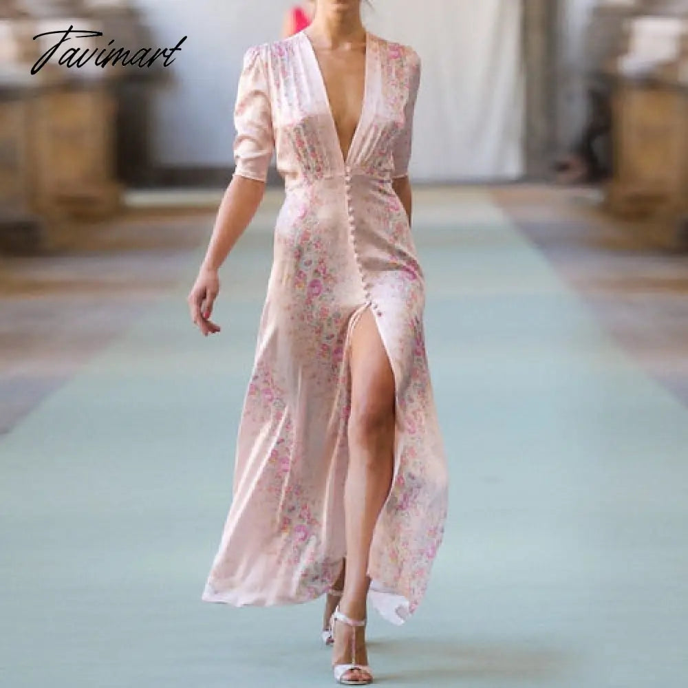 High Quality Runway Designer Dress Women Elegant V-neck Pink Floral Printed Maxi Dress Summer Robe Longue