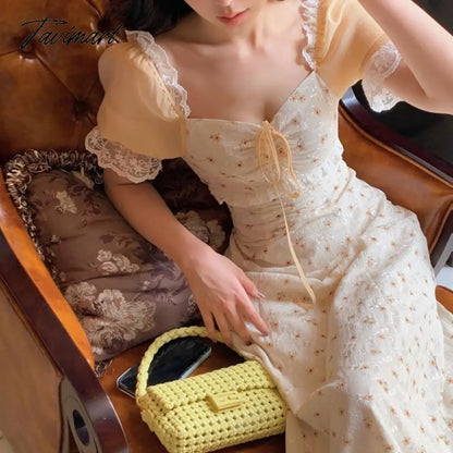 High Quality Sexy Short Puff Sleeve Vintage Patchwork Lace Midi Dress Vestidos New Summer Holiday Chiffon Dress
