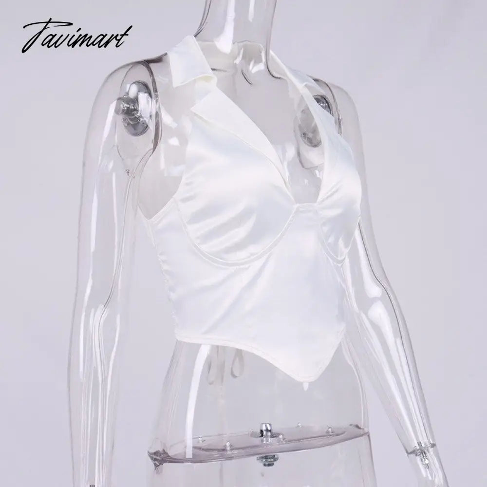 High Quality Summer Crop Top Women Sexy Top White Blouse Women V Neck Casual Top Double Layer Satin Top