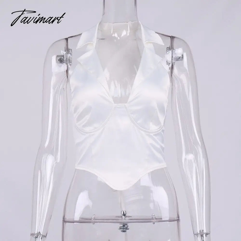 High Quality Summer Crop Top Women Sexy Top White Blouse Women V Neck Casual Top Double Layer Satin Top