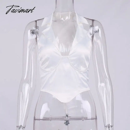 High Quality Summer Crop Top Women Sexy Top White Blouse Women V Neck Casual Top Double Layer Satin Top
