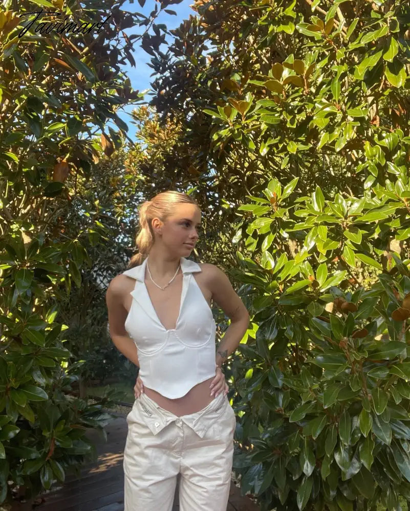 High Quality Summer Crop Top Women Sexy Top White Blouse Women V Neck Casual Top Double Layer Satin Top