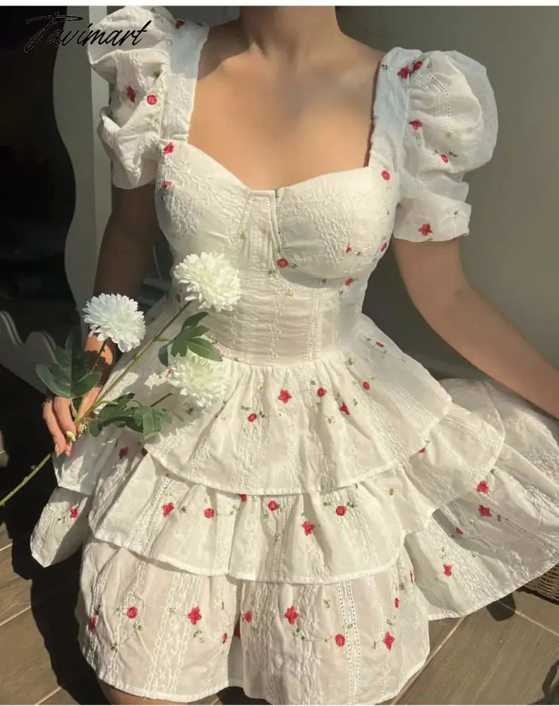 High Quality Summer Print Puff Sleeve Square Collar High Waist Holiday Beach Vocation Women Mini Dress