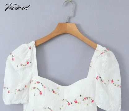 High Quality Summer Print Puff Sleeve Square Collar High Waist Holiday Beach Vocation Women Mini Dress