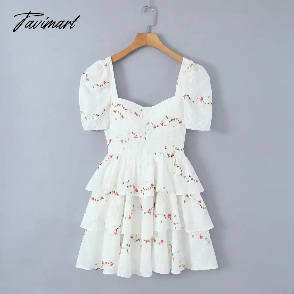 High Quality Summer Print Puff Sleeve Square Collar High Waist Holiday Beach Vocation Women Mini Dress