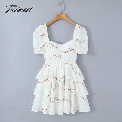 High Quality Summer Print Puff Sleeve Square Collar High Waist Holiday Beach Vocation Women Mini Dress