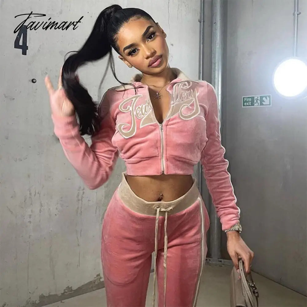 High Quality Winter Velvet Crop Jacket and Tracksuit Joggers Two Piece Set Green Jogging Suits for Women