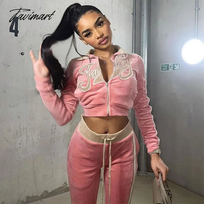 High Quality Winter Velvet Crop Jacket and Tracksuit Joggers Two Piece Set Green Jogging Suits for Women