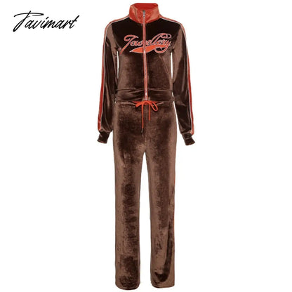 High Quality Winter Velvet Crop Jacket and Tracksuit Joggers Two Piece Set Green Jogging Suits for Women