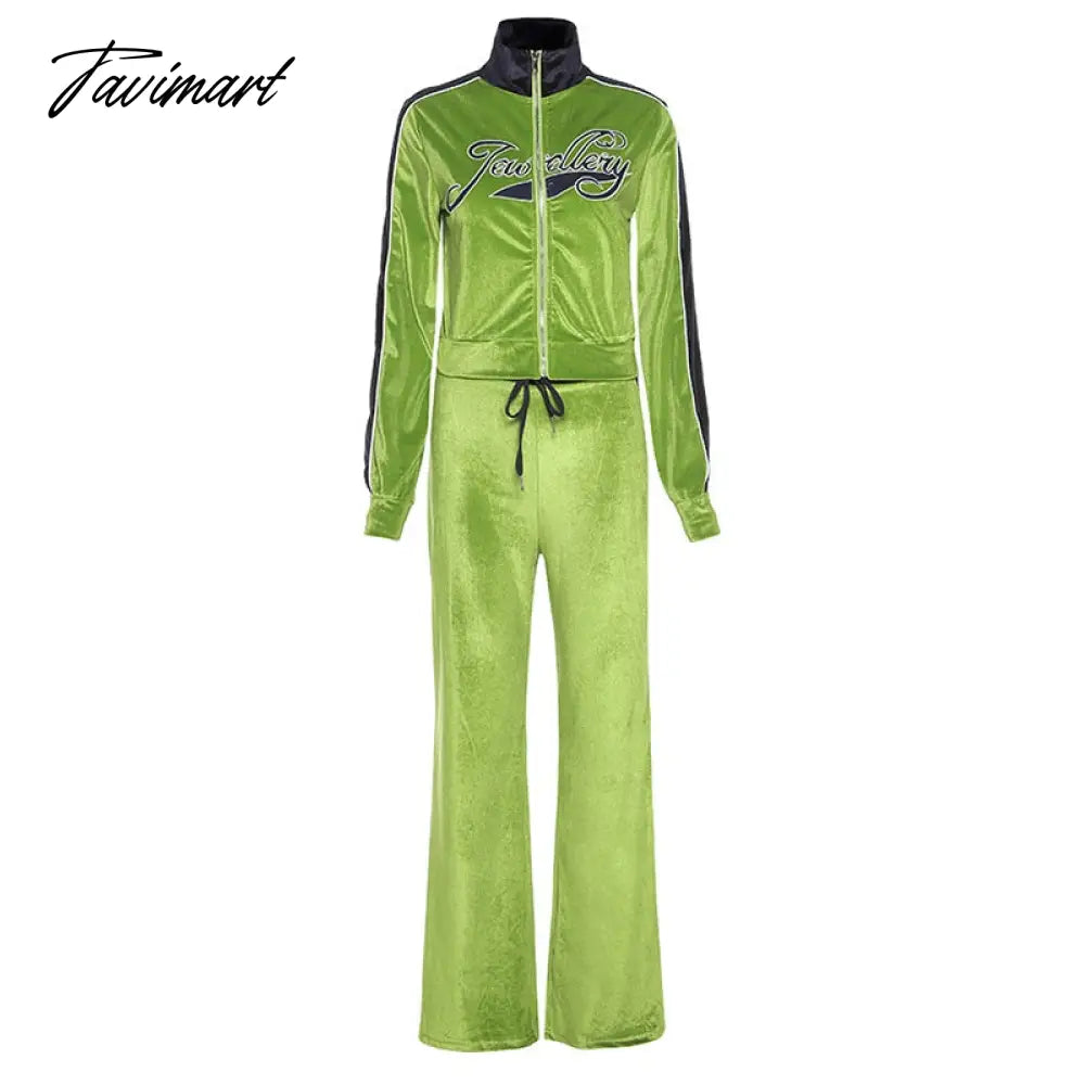 High Quality Winter Velvet Crop Jacket and Tracksuit Joggers Two Piece Set Green Jogging Suits for Women