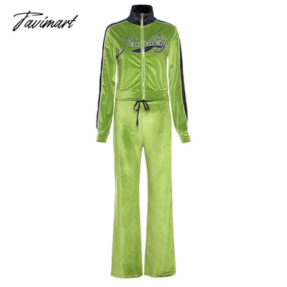 High Quality Winter Velvet Crop Jacket and Tracksuit Joggers Two Piece Set Green Jogging Suits for Women