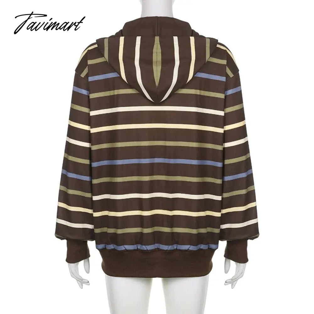 Hip Hop Zip Up Hoodie Vintage Striped Loose Hooded Sweatshirt Jacket Harajuku Gothic Long Sleeve Women Sweatshirt Y2k Clothes