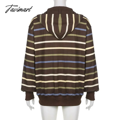 Hip Hop Zip Up Hoodie Vintage Striped Loose Hooded Sweatshirt Jacket Harajuku Gothic Long Sleeve Women Sweatshirt Y2k Clothes