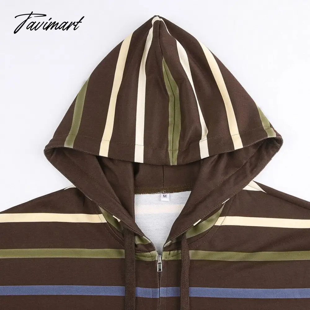 Hip Hop Zip Up Hoodie Vintage Striped Loose Hooded Sweatshirt Jacket Harajuku Gothic Long Sleeve Women Sweatshirt Y2k Clothes