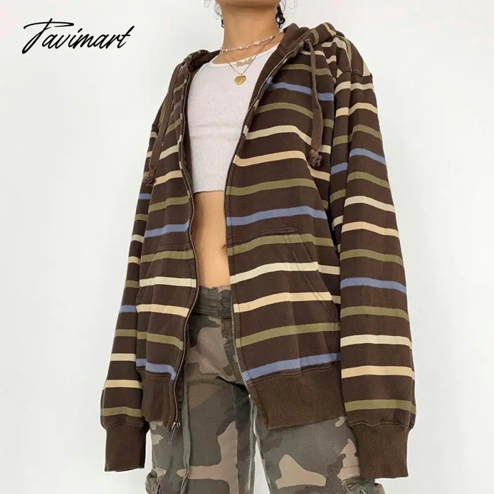 Hip Hop Zip Up Hoodie Vintage Striped Loose Hooded Sweatshirt Jacket Harajuku Gothic Long Sleeve Women Sweatshirt Y2k Clothes