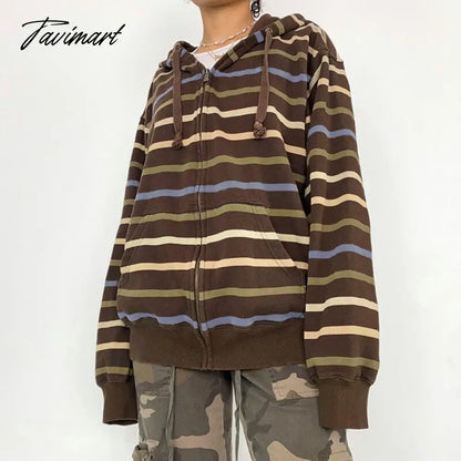 Hip Hop Zip Up Hoodie Vintage Striped Loose Hooded Sweatshirt Jacket Harajuku Gothic Long Sleeve Women Sweatshirt Y2k Clothes
