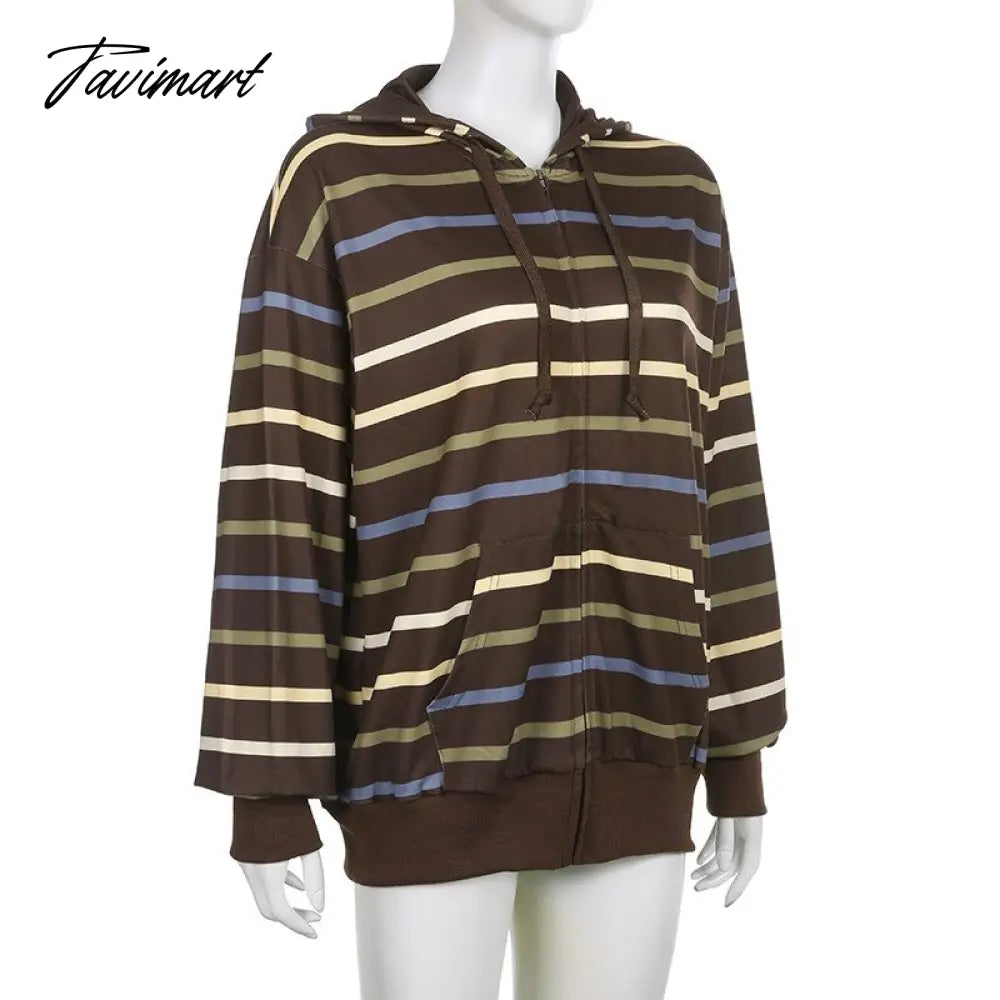 Hip Hop Zip Up Hoodie Vintage Striped Loose Hooded Sweatshirt Jacket Harajuku Gothic Long Sleeve Women Sweatshirt Y2k Clothes
