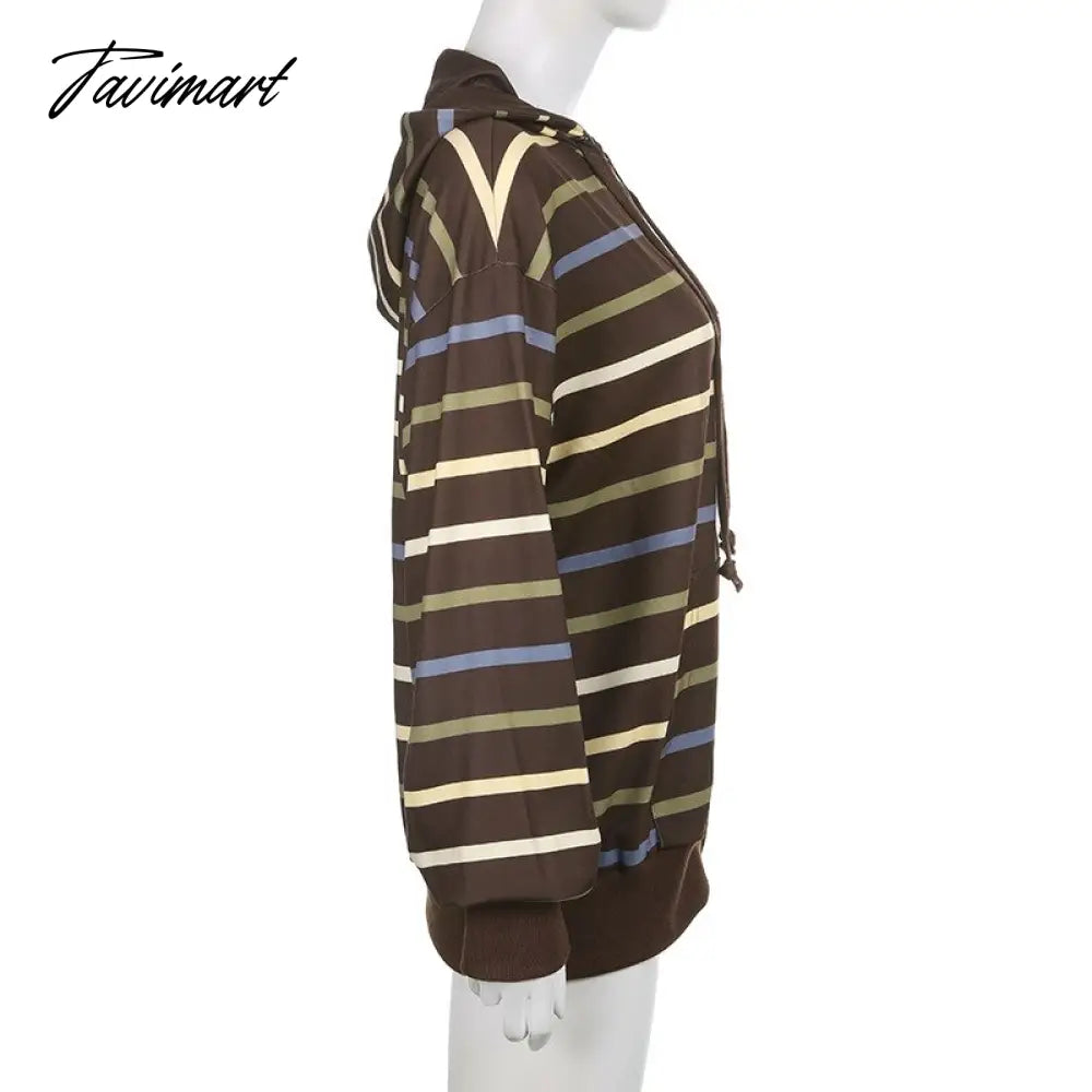 Hip Hop Zip Up Hoodie Vintage Striped Loose Hooded Sweatshirt Jacket Harajuku Gothic Long Sleeve Women Sweatshirt Y2k Clothes