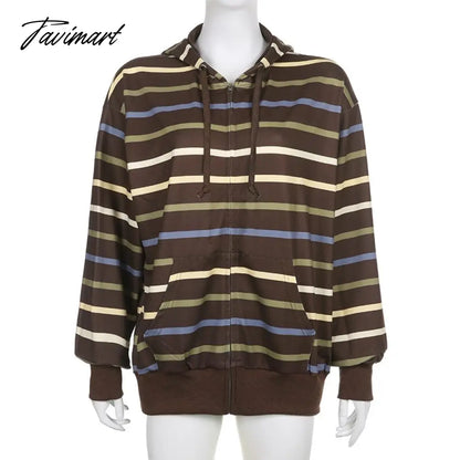 Hip Hop Zip Up Hoodie Vintage Striped Loose Hooded Sweatshirt Jacket Harajuku Gothic Long Sleeve Women Sweatshirt Y2k Clothes