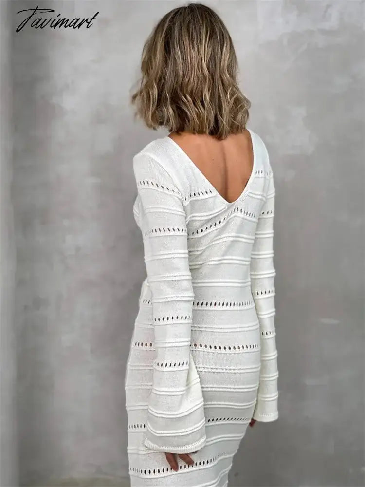 Hollow Out Bodycon Knit Dress Female Patchwork Solid High Waist Long Sleeve Fashion Knitwear Party Dress Gown Streetwear