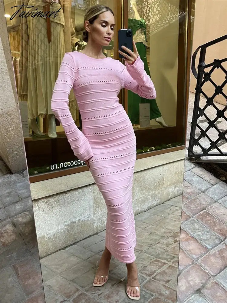 Hollow Out Bodycon Knit Dress Female Patchwork Solid High Waist Long Sleeve Fashion Knitwear Party Dress Gown Streetwear