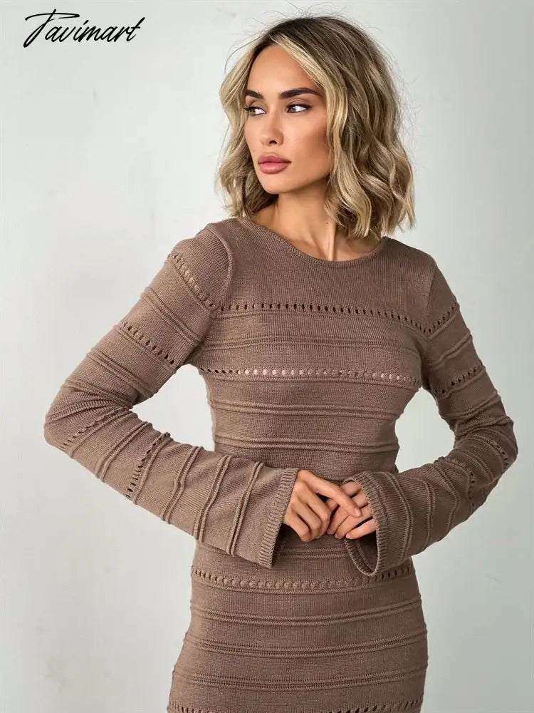 Hollow Out Bodycon Knit Dress Female Patchwork Solid High Waist Long Sleeve Fashion Knitwear Party Dress Gown Streetwear
