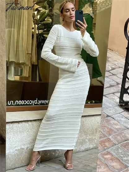 Hollow Out Bodycon Knit Dress Female Patchwork Solid High Waist Long Sleeve Fashion Knitwear Party Dress Gown Streetwear