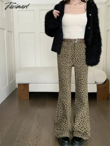 Hot Girls Women Flare Trousers Chic Spring Animal Printed New Vintage Office Lady Slim Leopard High Street