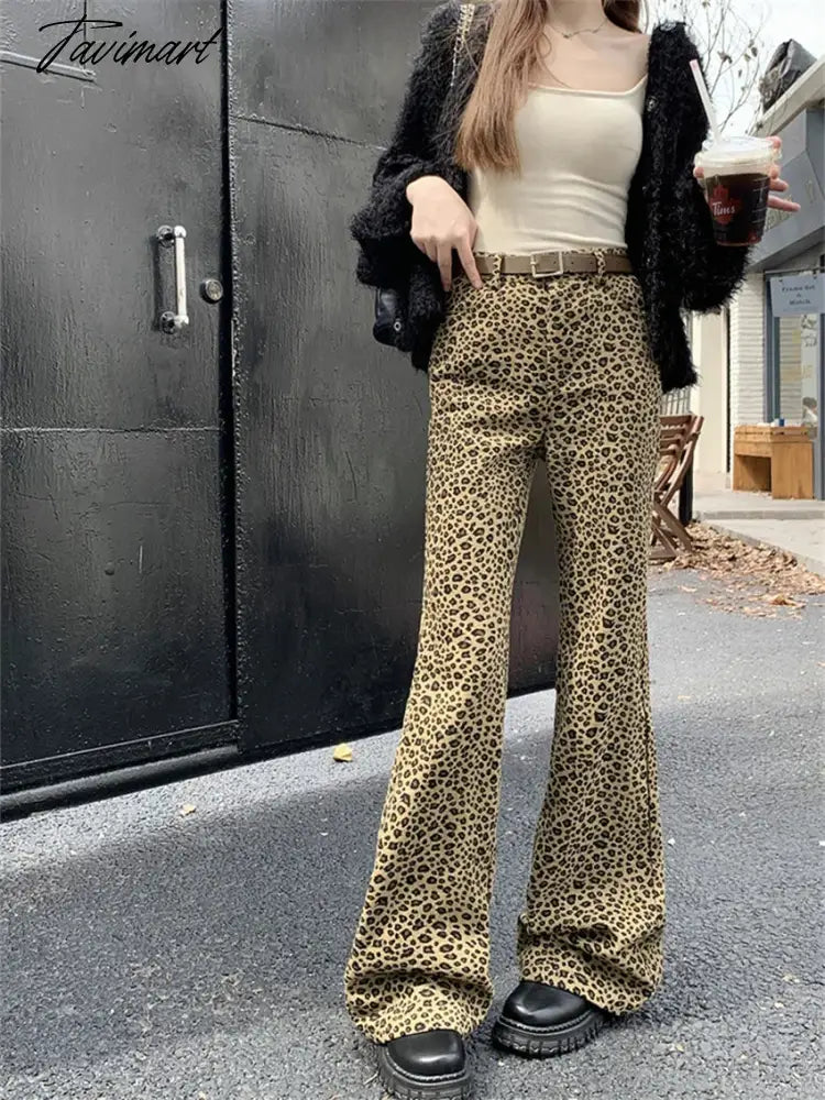 Hot Girls Women Flare Trousers Chic Spring Animal Printed New Vintage Office Lady Slim Leopard High Street