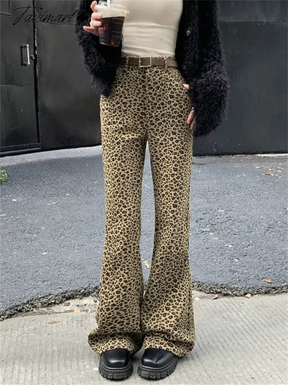 Hot Girls Women Flare Trousers Chic Spring Animal Printed New Vintage Office Lady Slim Leopard High Street