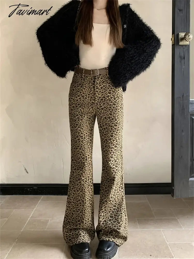 Hot Girls Women Flare Trousers Chic Spring Animal Printed New Vintage Office Lady Slim Leopard High Street