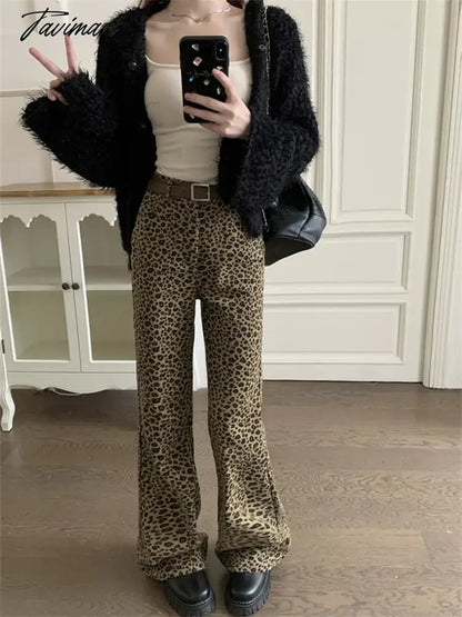 Hot Girls Women Flare Trousers Chic Spring Animal Printed New Vintage Office Lady Slim Leopard High Street