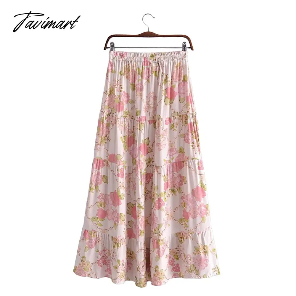 Indie Folk Bohemian Vintage Floral Print Camisole Tanl And High Waist Midi SkirtsTops Sets Women