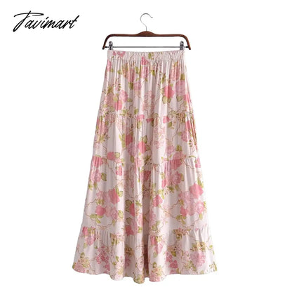 Indie Folk Bohemian Vintage Floral Print Camisole Tanl And High Waist Midi SkirtsTops Sets Women