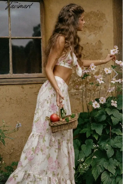 Indie Folk Bohemian Vintage Floral Print Camisole Tanl And High Waist Midi SkirtsTops Sets Women